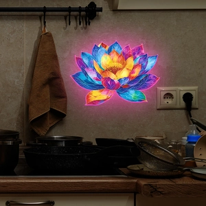 Dettaglio di un adesivo murale loto colorato con effetto LED neon su una parete di piastrelle