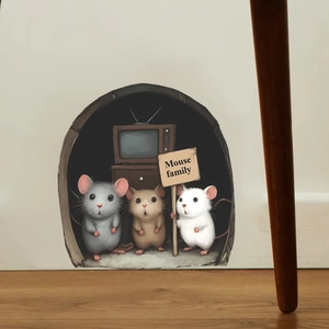 Detail of 3D mouse hole wall sticker with Mouse Family and retro TV on baseboard