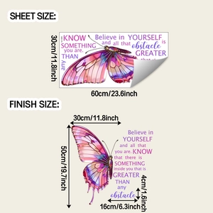 Detail view showing sheet size and finish size of butterfly wall decals with quotes