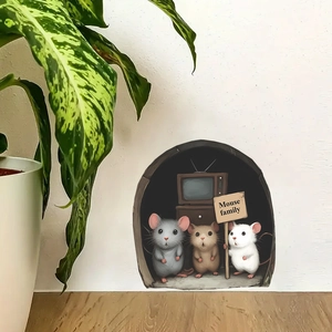 3D cartoon mouse hole wall sticker featuring three mice and family sign on baseboard