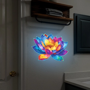 Adesivo murale artistico a forma di loto colorato con effetto neon in bagno