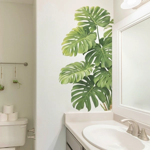 Green Monstera leaf wall decals with realistic leaf veins for modern home wall decoration