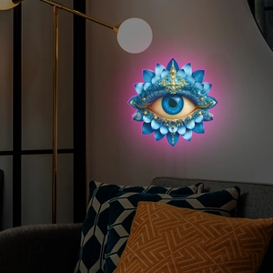 Creative blue lotus evil eye wall lamp with glowing purple backlight and gold accents