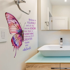 Modern purple butterfly wall sticker with inspirational quote for bathroom decor