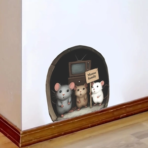 Macro detail of 3D mouse family wall sticker showing mice and a vintage TV inside a hole