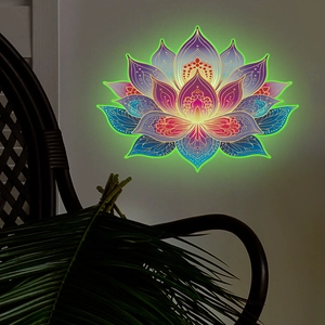 Luminous lotus wall sticker with glowing mandala pattern in a cozy home interior setting