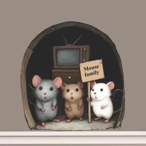 3D cartoon mouse hole wall sticker with family mice and vintage TV for home decor