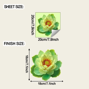 Luminous lotus wall sticker showing sheet size 20x20cm and finish size 18x18cm on white