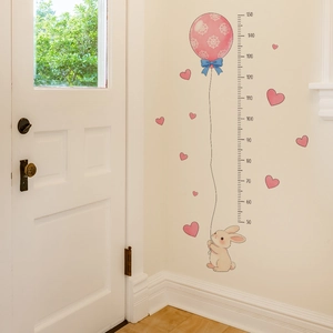 Cartoon bunny height chart wall sticker for kids room decoration with pink balloons