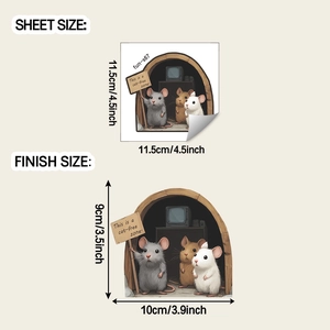 Detail of 3D cartoon mouse hole wall sticker showing dimensions and cat-free zone sign