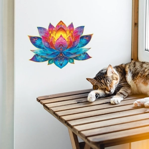 Dettaglio di un adesivo murale loto mandala colorato su parete bianca sopra scrivania