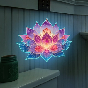 Detailed glowing lotus wall sticker with colorful gradient and luminous blue edges on white panel