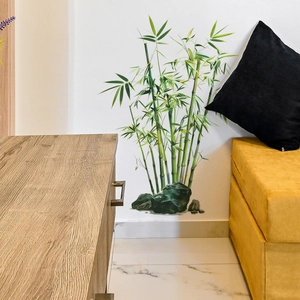 Elegant green bamboo wall decals with stones for home office and dining room decor