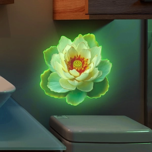 Luminous lotus wall sticker detail showing glowing flower petals in a dark bathroom setup