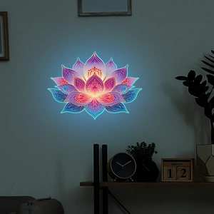 Luminous lotus flower wall decal with warm mandala glow and neon blue and purple accents