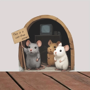 3D cartoon mouse hole wall sticker with mice holding cat-free zone sign for home decor