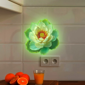Luminous lotus flower wall sticker with green glow effect on white tiles in kitchen
