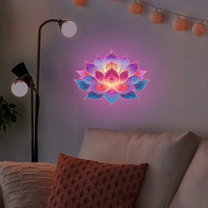 Glow in the dark mandala lotus wall sticker glowing above a sofa in a cozy room