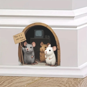 3D cartoon mouse hole wall sticker with mice holding a cat-free zone sign for home decor