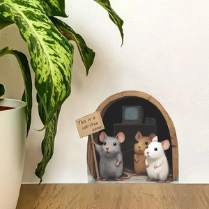 3D cartoon mouse hole wall sticker featuring three mice and cat-free zone text detail