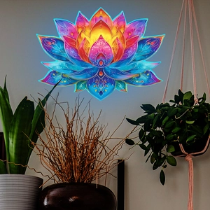 Adesivo murale mandala loto vibrante con sfumature colorate e bordi blu luminosi su muro grigio