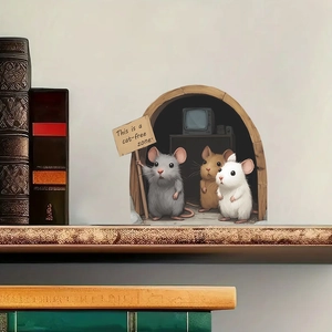 Detailed 3D mouse hole wall sticker featuring cute mice and cat-free zone sign