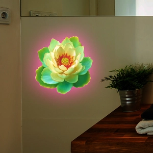 Luminous lotus flower wall sticker for bathroom decor with soft glowing green and purple light