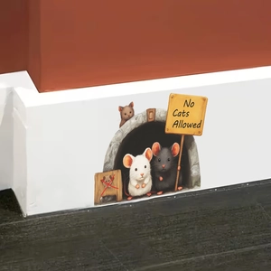 Detail of cartoon mouse hole wall sticker with No Cats Allowed sign for home decor