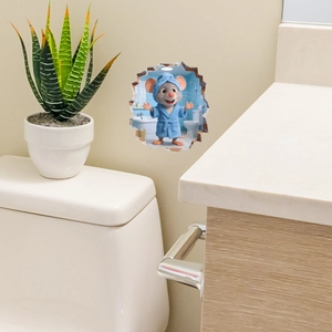 3D wall sticker featuring a cute cartoon mouse in a blue bathrobe for bathroom wall decor