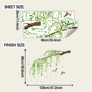 Detailed size guide for willow leaf and bird wall decals showing sheet and finish dimensions