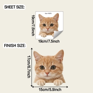 Detail of cute orange cat wall sticker showing sheet size and finish dimensions for decor