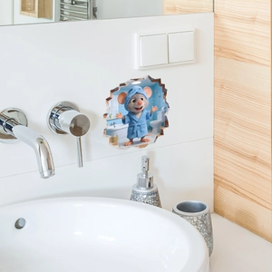3D cute mouse in blue bathrobe waterproof bathroom wall sticker with creative crack effect