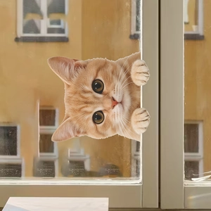 3D peeking orange cat wall sticker for home decor with realistic furry cat face and paws