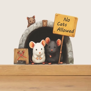 3D cartoon mouse hole wall sticker with three mice and No Cats Allowed sign