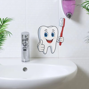 Cartoon tooth wall sticker with toothbrush for bathroom decor and wall decoration
