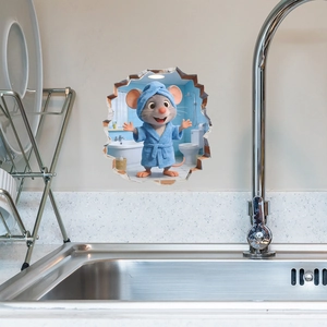 Creative 3D wall sticker featuring a cute mouse in a blue bathrobe inside a blue bathroom