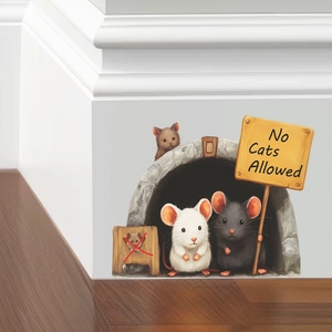 Detailed 3D cartoon mouse hole wall sticker with two mice and No Cats Allowed sign