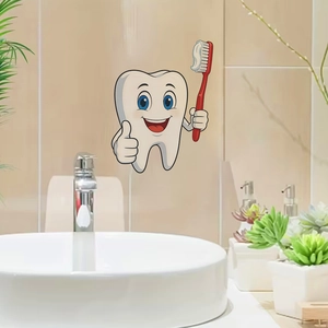 Cartoon tooth holding a toothbrush wall sticker for creative bathroom home decoration