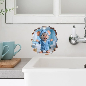 3D cartoon mouse in blue bathrobe wall sticker for creative bathroom decoration
