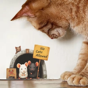 Detailed view of 3D mouse hole wall sticker with No Cats Allowed sign and cat interaction