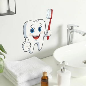 Cartoon tooth holding a toothbrush wall sticker for bathroom and kids room decor