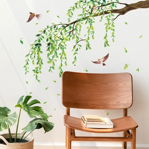 Nature wall decals with green willow branches and flying sparrows for home wall decoration