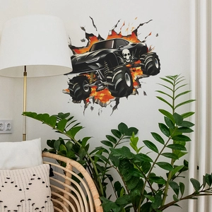 3D monster truck breaking through wall sticker with skull graffiti for home decoration