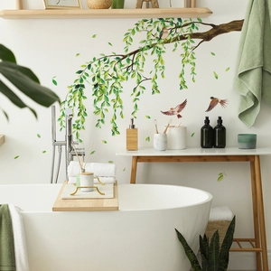 Nature wall sticker featuring green willow branches and birds in a modern bathroom