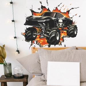 3D Monster Truck Wall Breaking Sticker Skeleton Skull Fire Flame PVC Removable Decal For Kids Room Living Room Decor