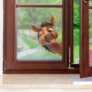 3D cartoon horse wall sticker with cute expression on a dark wooden window frame