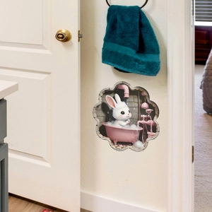 3D wall sticker featuring a cute bunny bathing in a vintage pink bathtub with cracked wall effect
