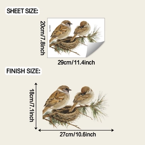 Detail view of bird wall sticker showing sheet size and finish dimensions for application