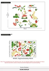 Detail view of cartoon animal wall stickers showing layout and 85x100cm applied size