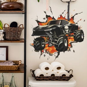 3D wall sticker featuring a black skull monster truck with crack and flame effects